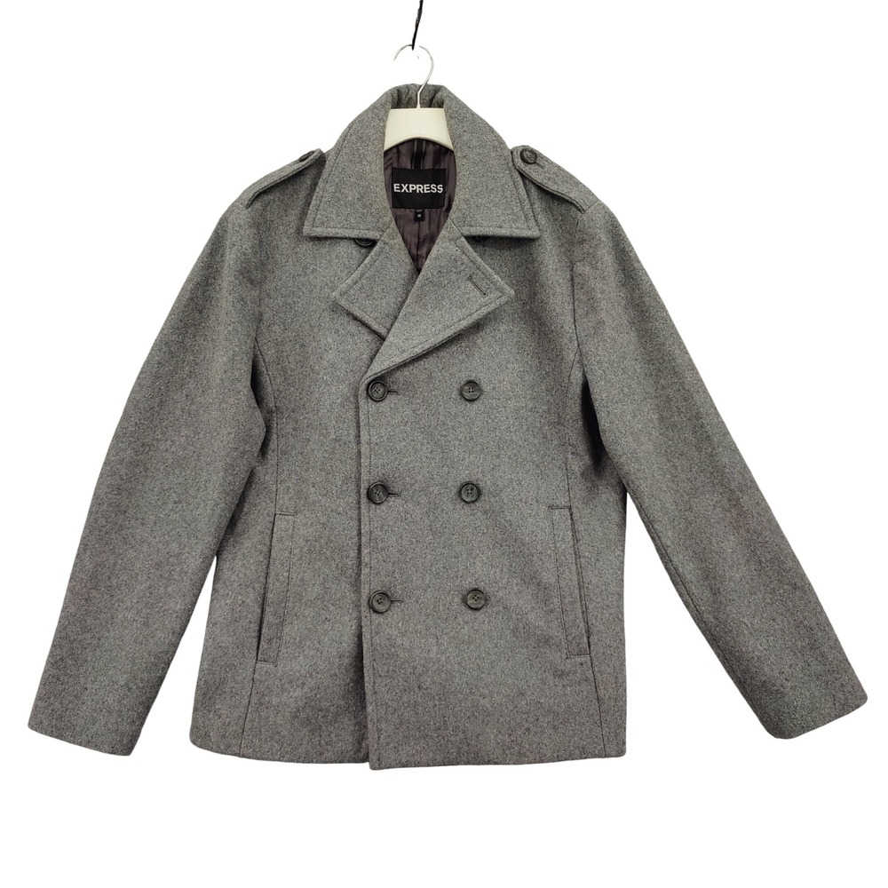 Express Mens Classic Dark Academia Wool Peacoat M Gray Double Breasted Jacket